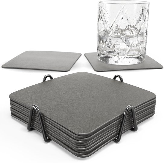 Castagnola Untersetzer aus Kunstleder – Untersetzer für Gläser – Design-Untersetzer mit Halter – Untersetzer-Set aus Kunstleder mit Metallhalter – Leder – 10er-Set – Grau – 10 x 10 cm