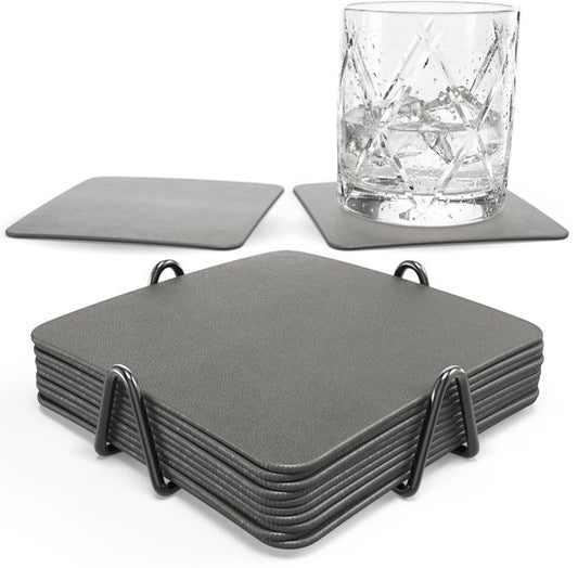 Castagnola Untersetzer aus Kunstleder – Untersetzer für Gläser – Design-Untersetzer mit Halter – Untersetzer-Set aus Kunstleder mit Metallhalter – Leder – 10er-Set – Grau – 10 x 10 cm