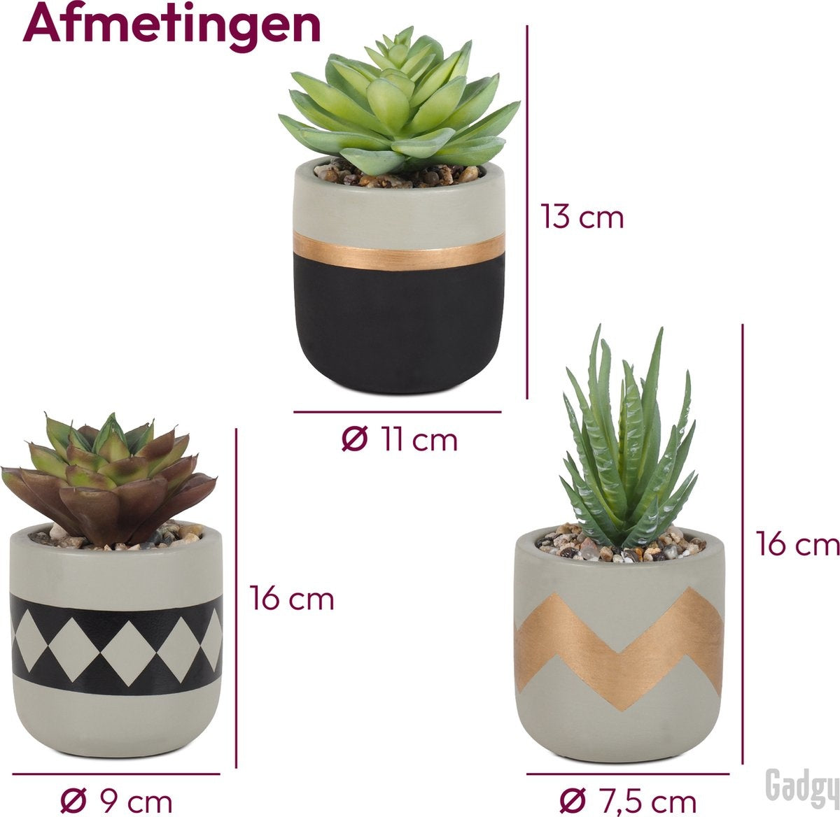 Gadgy Künstliche Pflanzen für den Innenbereich - 3 Stück - Künstliche Schmalzpflanzen im Steintopf - Falsche Pflanze - 13 bis 16 cm