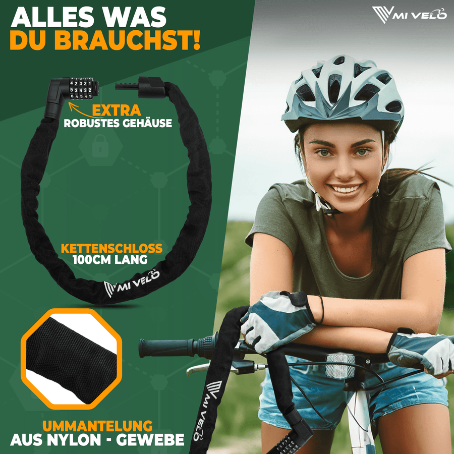 MIVELO - Robustes Fahrrad-Kettenschloss mit Zahlencode – 100 cm lang – Carbonstahl – 20 x 6 cm – Schwarz