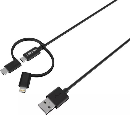 Philips DLC3104T/03 3-in-1-Ladekabel - Lightning USB-Kabel, Micro-USB, USB-C - Kompatibel mit Apple und Samsung - 1,2 Meter - Schwarz