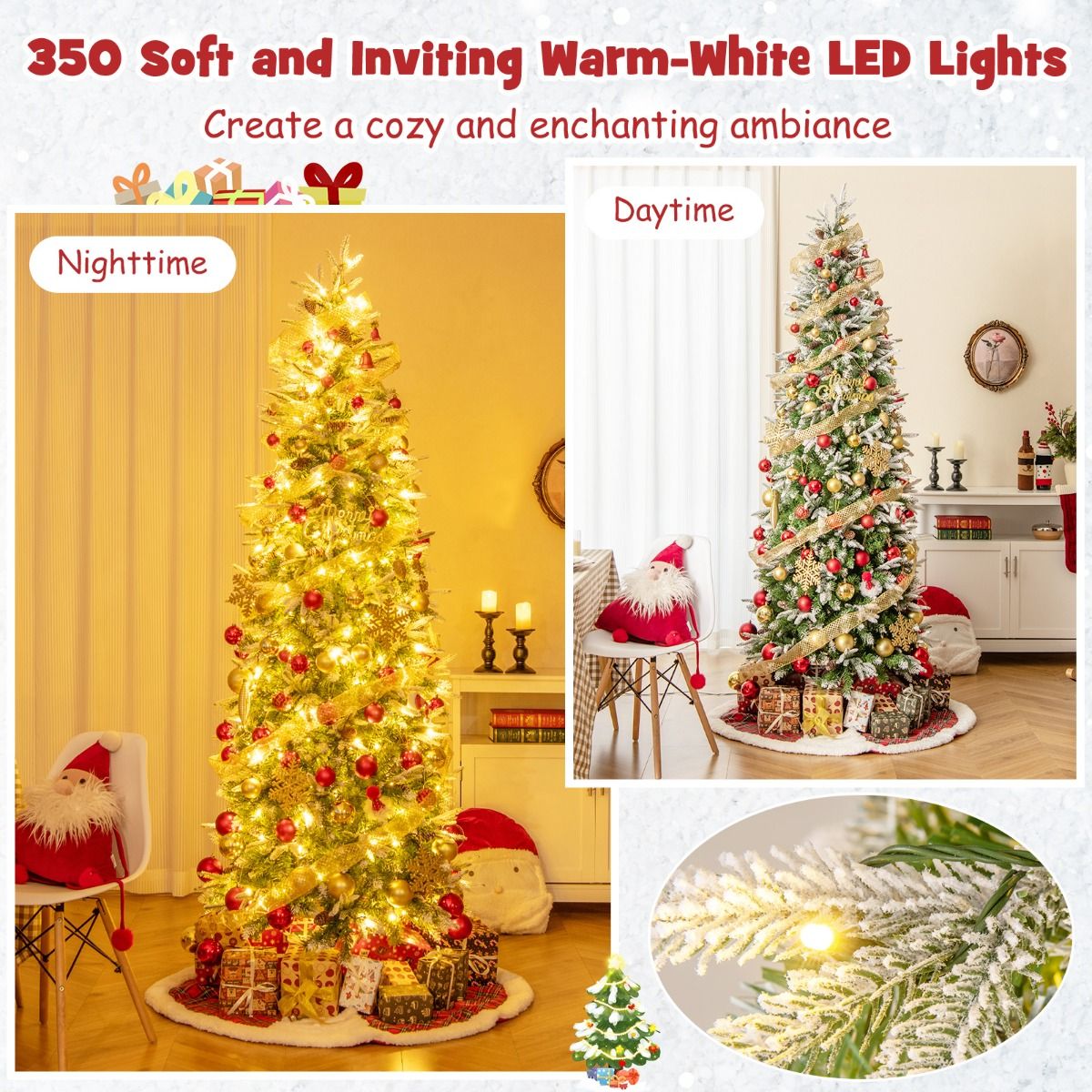 Coast Künstlicher Weihnachtsbaum 225 cm Grün/Weiß - Vorbeleuchtet mit Warm White LED - Scharnierkonstruktion - 913 Zweige - Mit Schnee und Tannenzapfen