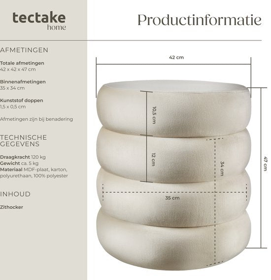 tectake - Hocker mit Ablage - Scandi Hocker Samtstoff - Runder gepolsterter Hocker für Frisiertisch, Schlafzimmer, Wohnzimmer oder als Flurmöbel - Ablagehocker - creme