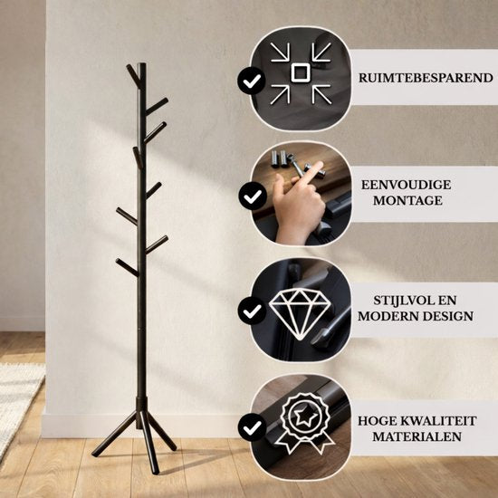 Bayt Garderobe - Stehende Garderobe - Garderobenständer Holz - Stehende Garderobe - Garderobenständer - 8 Haken - 175 cm - Schwarz