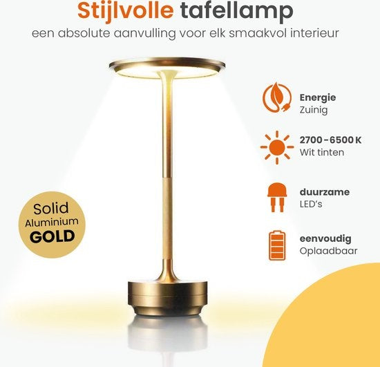 Goliving Tischlampe Wiederaufladbar - Kabellos und dimmbar - Moderne Touch-Lampe - Nachtlampe für das Schlafzimmer - Spritzwassergeschützt - 27 cm - Gold