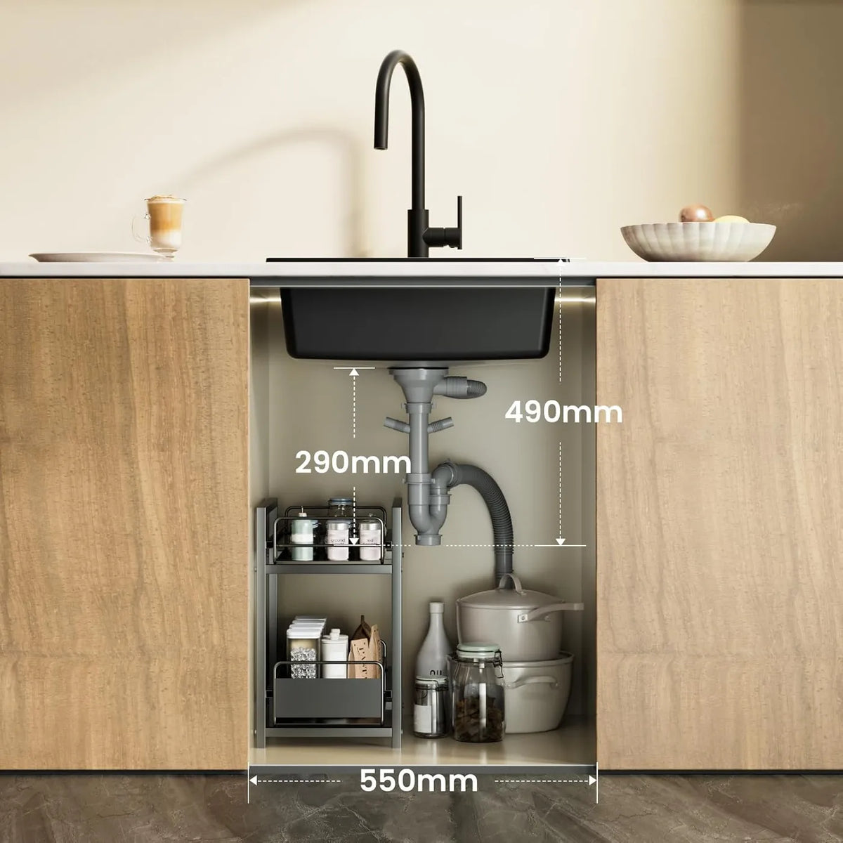 Cecipa Max Granit-Spülbecken 55 x 44 cm – Unterbau und Aufsatz – Geräuschdämpfend mit Siphon – Schwarz