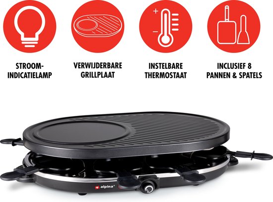 Alpina Gourmet-Set für 8 Personen – Gourmet-Set – Backblech mit Pfännchen und Pfannenwendern – Raclette-Grill zum Gourmet-Genuss – 1200 W