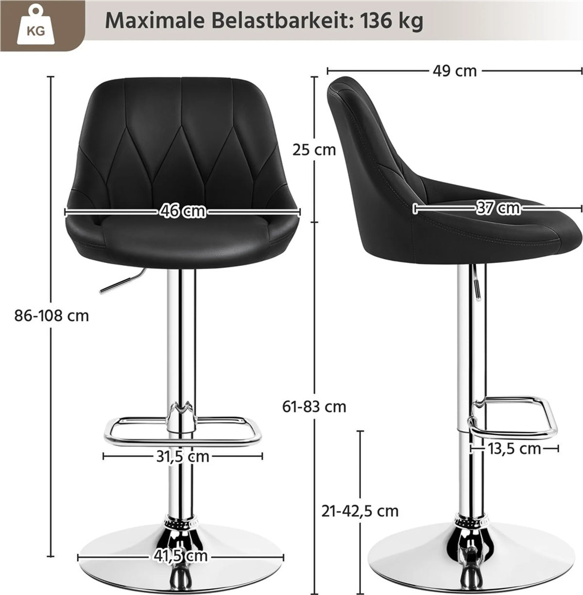 Yaheetech 2er-Set verstellbare Barhocker mit Rückenlehne 86–107,5 cm – Elegantes Schwarz – Kunstleder und Metall