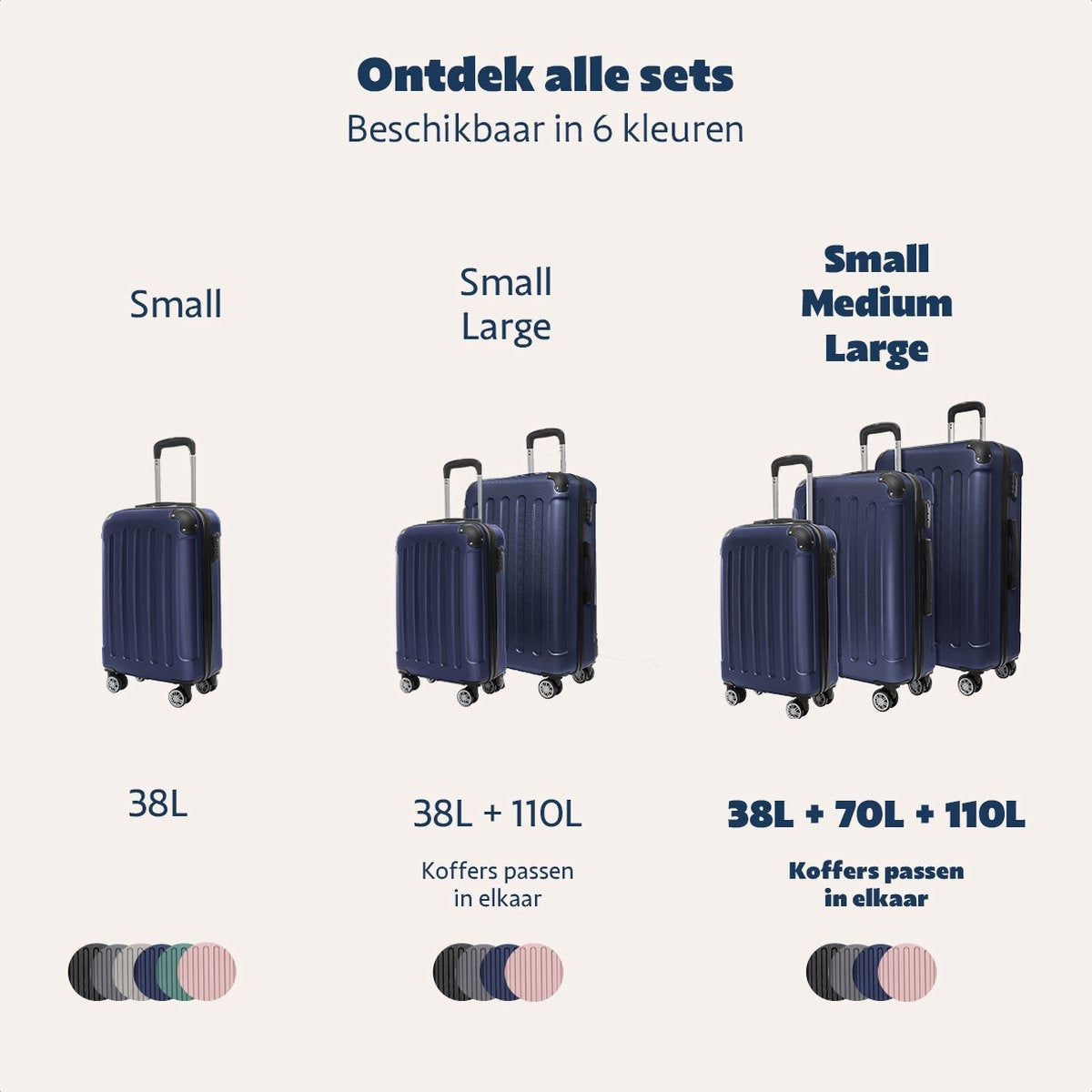 TRVLMORE - Kofferset - 3 Stück - 38L (Handgepäck) + 70L + 110L - Dunkelblau