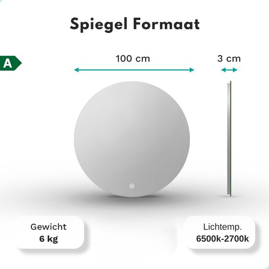 Mirlux Badezimmerspiegel mit LED-Beleuchtung & Heizung - Wandspiegel rund - Anti-Kondensations-Duschspiegel - 100CM