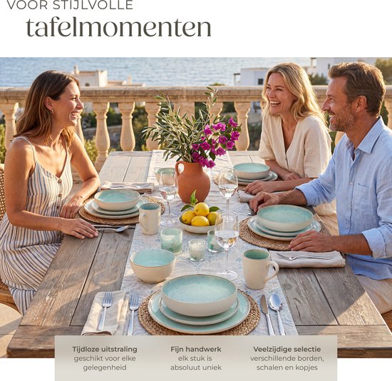 tectake® Geschirrset Mare – 30-teilig – Steingut mit glänzender Glasur - Für 6 Personen - Handgefertigtes Geschirr - Modernes Geschirrset mit großen und kleinen Tellern, Schüsseln, Schälchen und Tassen - Spülmaschinen- und mikrowellengeeignet - Münze