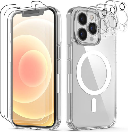Podec Magsafe-Hülle, passend für das iPhone 11 Pro Max – Set mit 3x Displayschutzfolie + 3x Kameraschutzfolie – magnetisch mit Ring, transparent – transparente Magsafe-Hülle – transparent