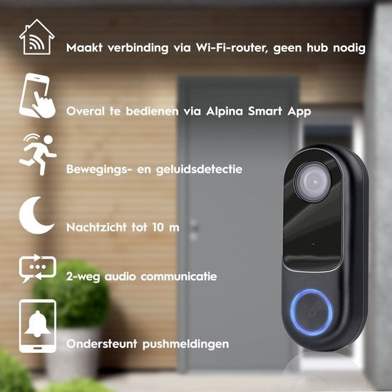 Alpina Smart Home Videotürklingel mit Kamera und Wifi - Full HD - Gegensprechanlage - Nachtsicht - Ton- und Bewegungssensor - IP54