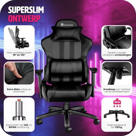 tectake - Gaming Stuhl Gaming Schreibtischstuhl Premium Racing - schwarz - Kunstleder - verstellbar - inklusive Rücken- und Nackenkissen - 402229