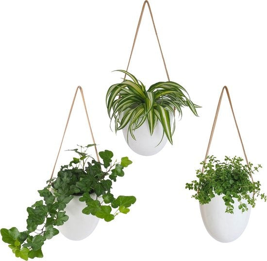 Gadgy Plant Pendant Ceramic - 3er-Set - Weißer Stein - Hängende Blumentopf-Pflanzgefäße - mit 3 verschiedenen Schnüren - 12 x 11 x 9,5 cm