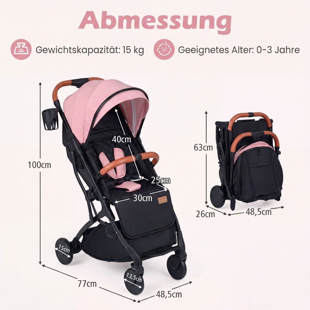 Coast Kinderwagen – zusammenklappbar – verstellbare Rückenlehne und Fußstütze – rosa