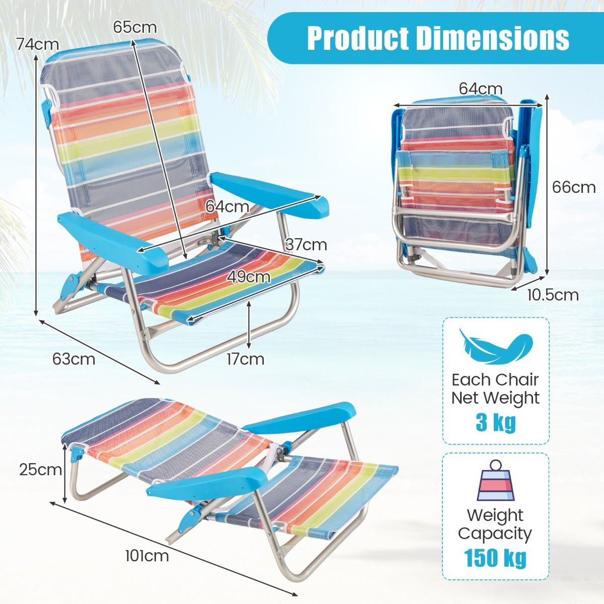 Coast Klappbare Strandstühle, 2er-Set – Verstellbare Rückenlehne – Leichte Campingstühle – 64 x 63 x 74 cm