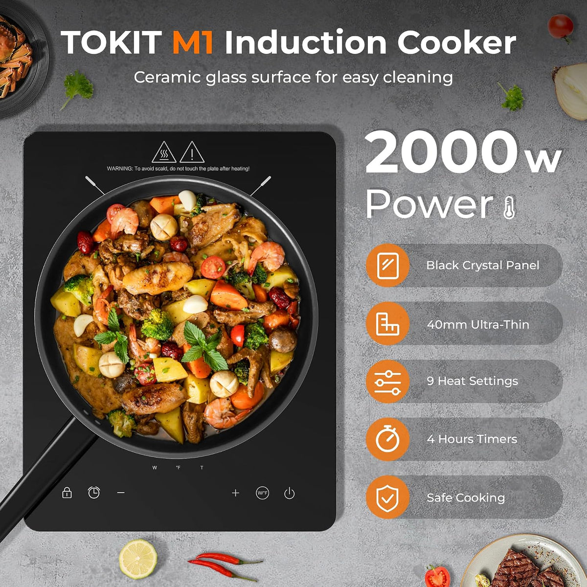 Tokit Induktionskochfeld 2000 W – 9 Kochstufen, 90-Min.-Timer – ultradünn (40 mm) – schwarz
