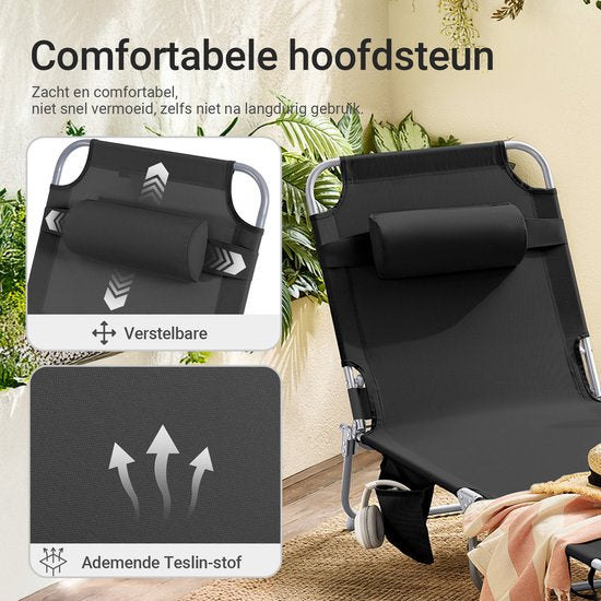 SoBuy Klappliegestuhl, verstellbarer Gartenliegestuhl mit Kopfstütze und Aufbewahrungstasche, ergonomischer Relaxstuhl für den Außenbereich, Garten, Balkon und Terrasse, schwarz, OGS35-SCH