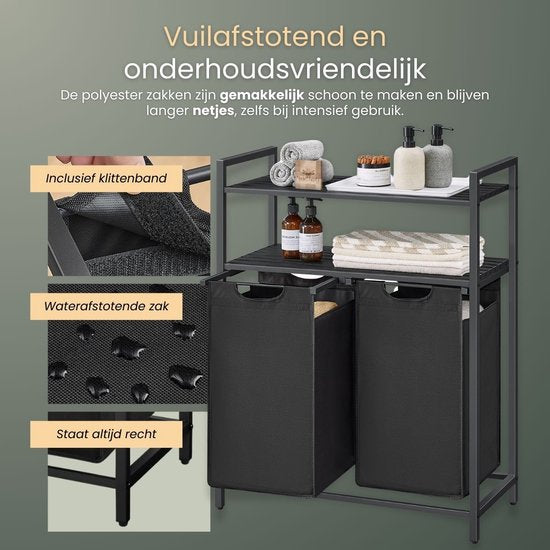 O'DADDY® Wäschekorb mit 2 Fächern & 2 Einlegeböden - 76 Liter - Ausziehbarer Wäschesortierer - Wäschekorb - Wäschebox - Doppelter Wäschekorb - Schwarz/Braun
