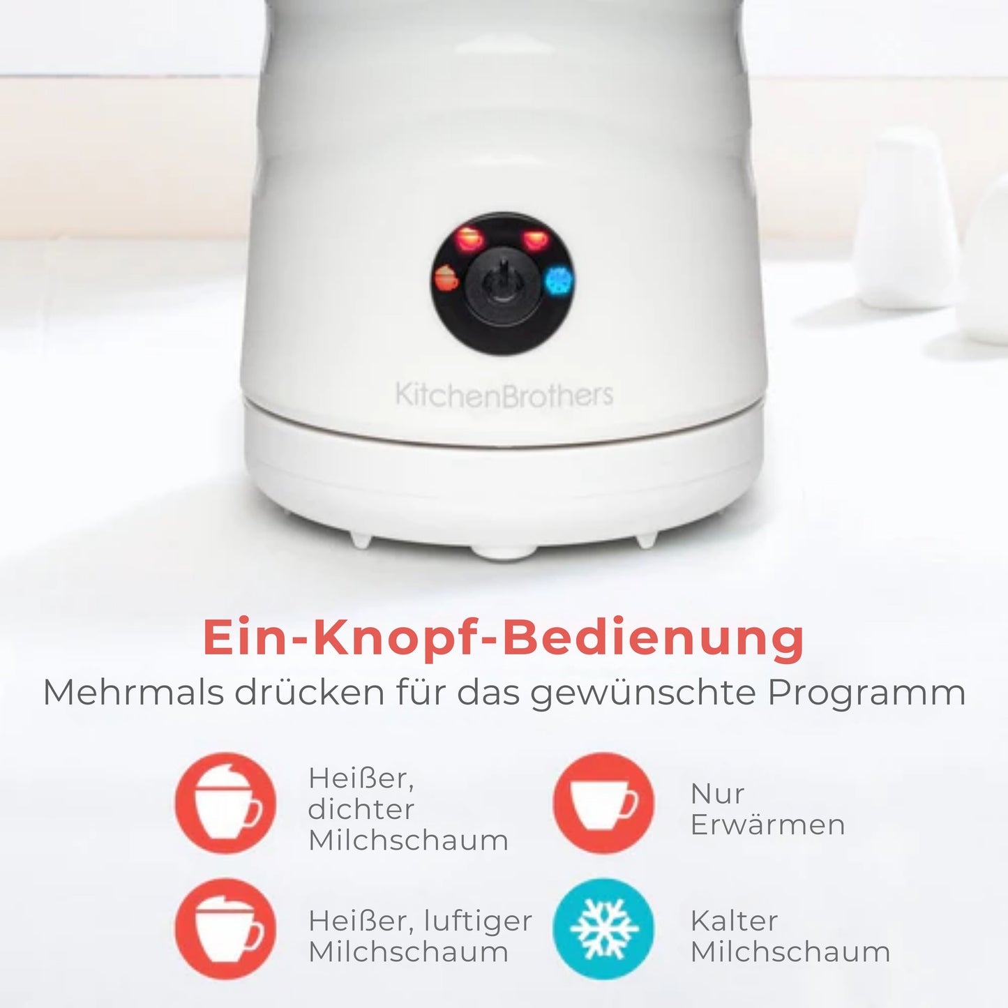KitchenBrothers Elektrischer Milchaufschäumer – 4-in-1 mit Warmhaltefunktion – 240 ml – Antihaft – Weißer Edelstahl