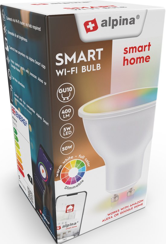 alpina Smart Home RGB Lampe - GU10 - 5W - WW + RGB - Intelligente Beleuchtung - LED - App Steuerung - Sprachsteuerung - Amazon Alexa - Google Home