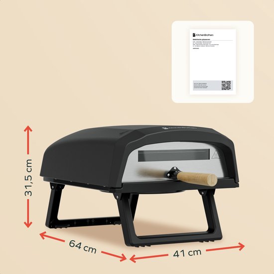 KitchenBrothers Pizzaofen - Elektrisch - Tischmodell - PFAS-frei - Zusammenklappbar - Pizzastein - Pizzabäcker - Pizzaofen für draußen und drinnen - Schwarz/Grau