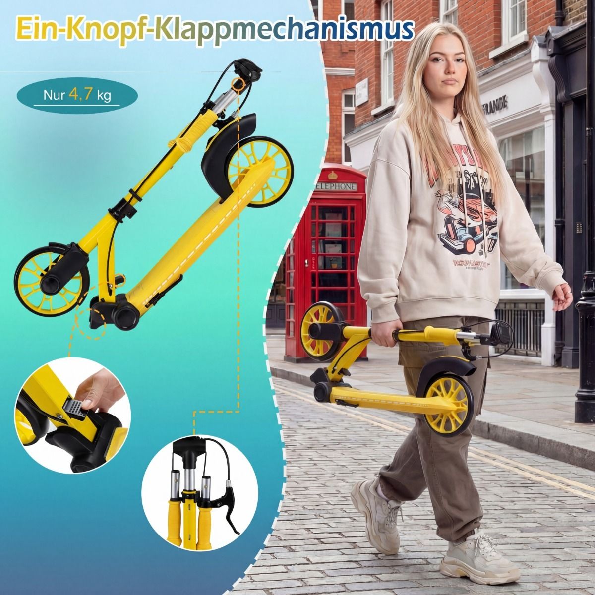 Coast Klapp-Tretroller – LED-Räder – Verstellbarer Lenker – Gelb