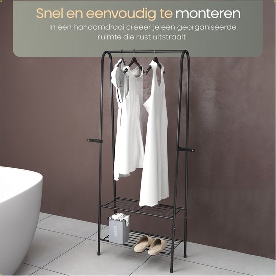 O'DADDY® Kleiderständer stehend - Aufbewahrungsregal 2 Lagen - Schuhregal - Garderobenständer mit Kleiderstange - Kleiderständer - 60 x 36 x 152 cm - Schwarzes Metall