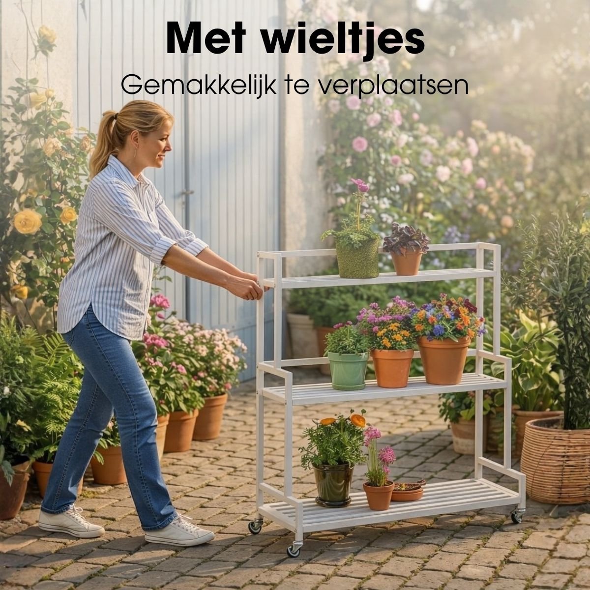 Mica Decorations Greenrax Pflanzenregal auf Rädern – mehrere Ablagen – 80 x 35 x 100 cm – gebrochenes Weiß