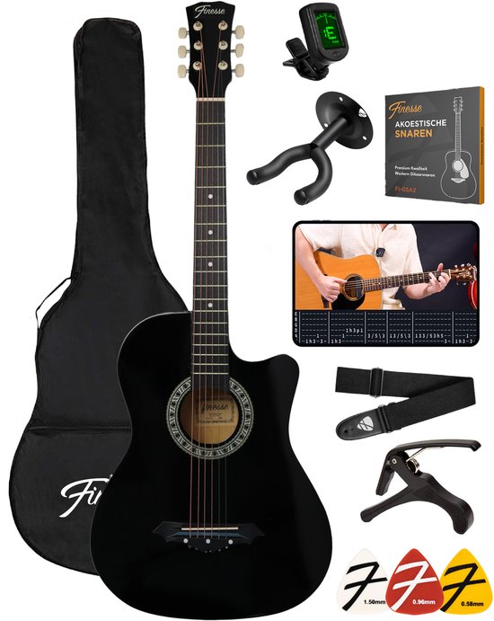 Finesse Akustikgitarre – mit Videokurs – Westerngitarre – Gitarre für Kinder und Erwachsene – Schwarz