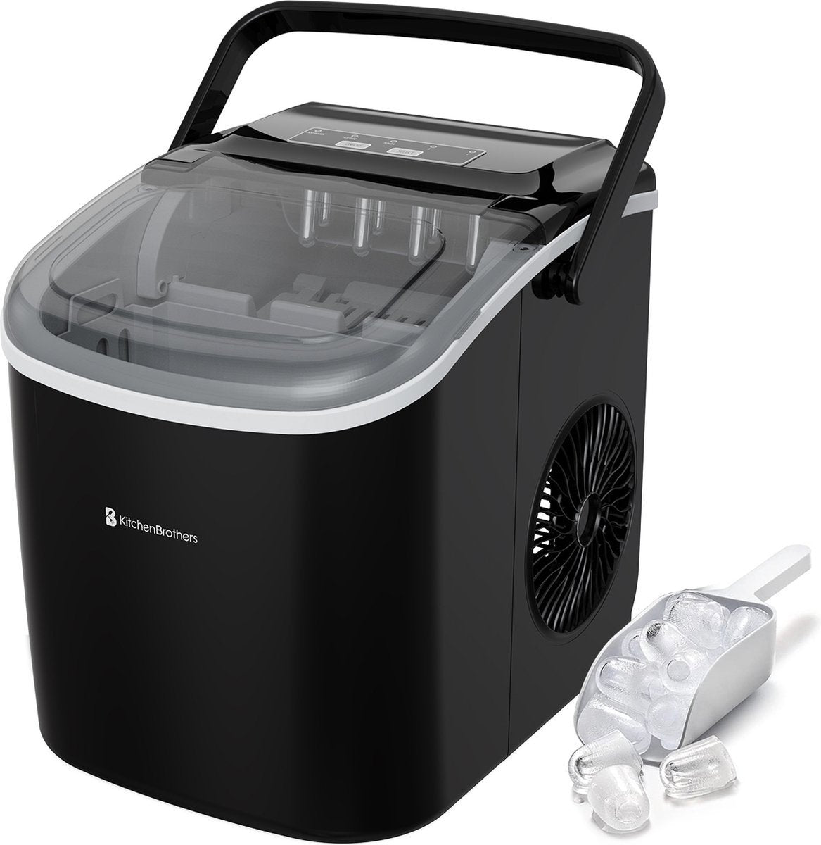 KitchenBrothers Eiswürfelmaschine - mit Eisportionierer - Tragbar mit Handgriff - 1.2L - 7-10 min. - 12kg/24h - Schwarz
