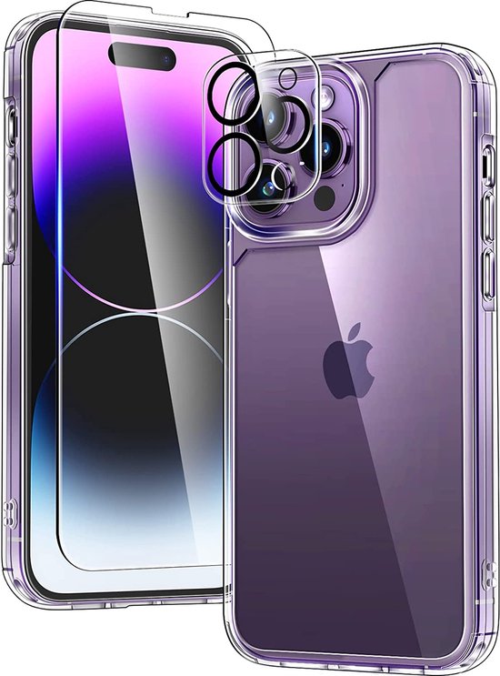 Podec Case Transparent - Bundle mit 2x Displayschutzfolie + 2x Kameraschutzfolie - Handyhülle mit Schutzglas - Case Transparent - Geeignet für iPhone 14 pro max