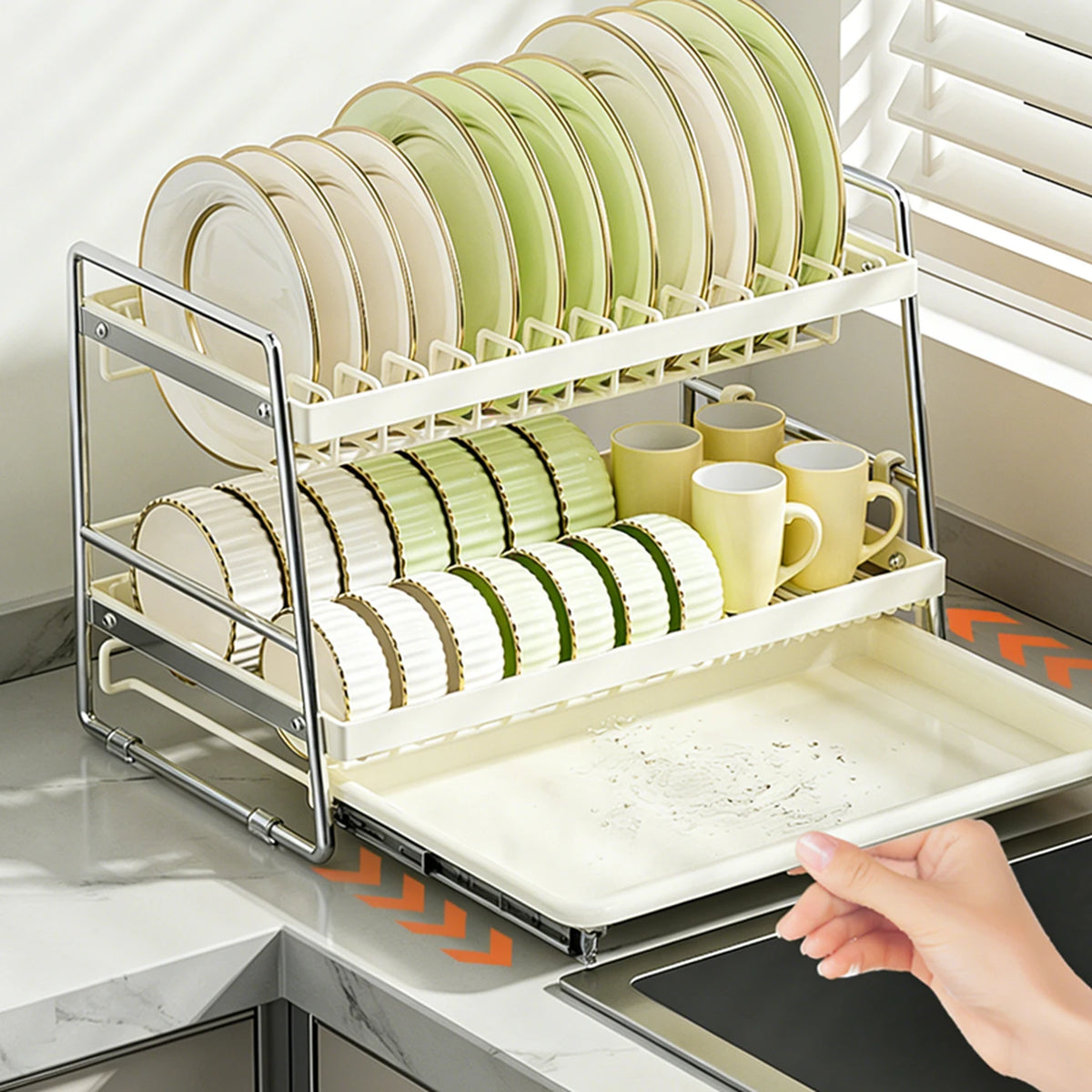 Maxcook Abtropfgestell, 2-stöckig – mit Auffangschale – 40 x 23,6 x 28,7 cm – Weiß