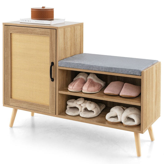 Coast Rattan-Schuhschrank mit Bank 2-in-1 - Natur, 105 x 35 x 76 cm, 3 verstellbare Einlegeböden, Kiefernholzbeine
