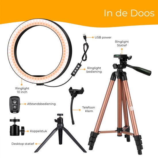 Studio ME Ringleuchte mit Stativ - 10 inch / 26 cm - Ringleuchte - Rose Gold - Tiktok Lampe - Ringleuchte mit Stativ - 30 Lichtstufen - Ringleuchte - inkl. Fernbedienung & Mini-Stativ - Ringleuchten