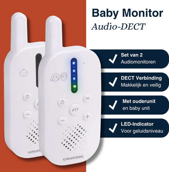 Grundig DECT-Audio-Babyphone – Babyphone mit einer Reichweite von 150 m – Eltern- und Babygerät – mit LED-Geräuschanzeige und Gegensprechfunktion – Zubehör für das Kinderzimmer – Weiß
