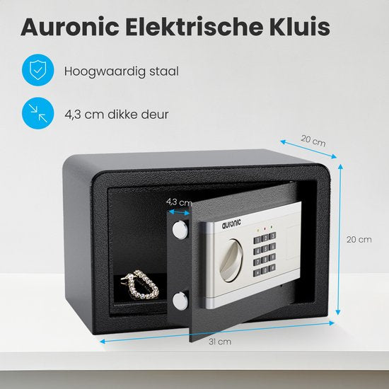 Auronic Electronic Safe - Zahlenschloss - Schlüssel - Wandmontage - 4.3cm Tür - 130dB Alarm - 8L - 31x20x20cm - 4.5KG - Stahl - Schwarz