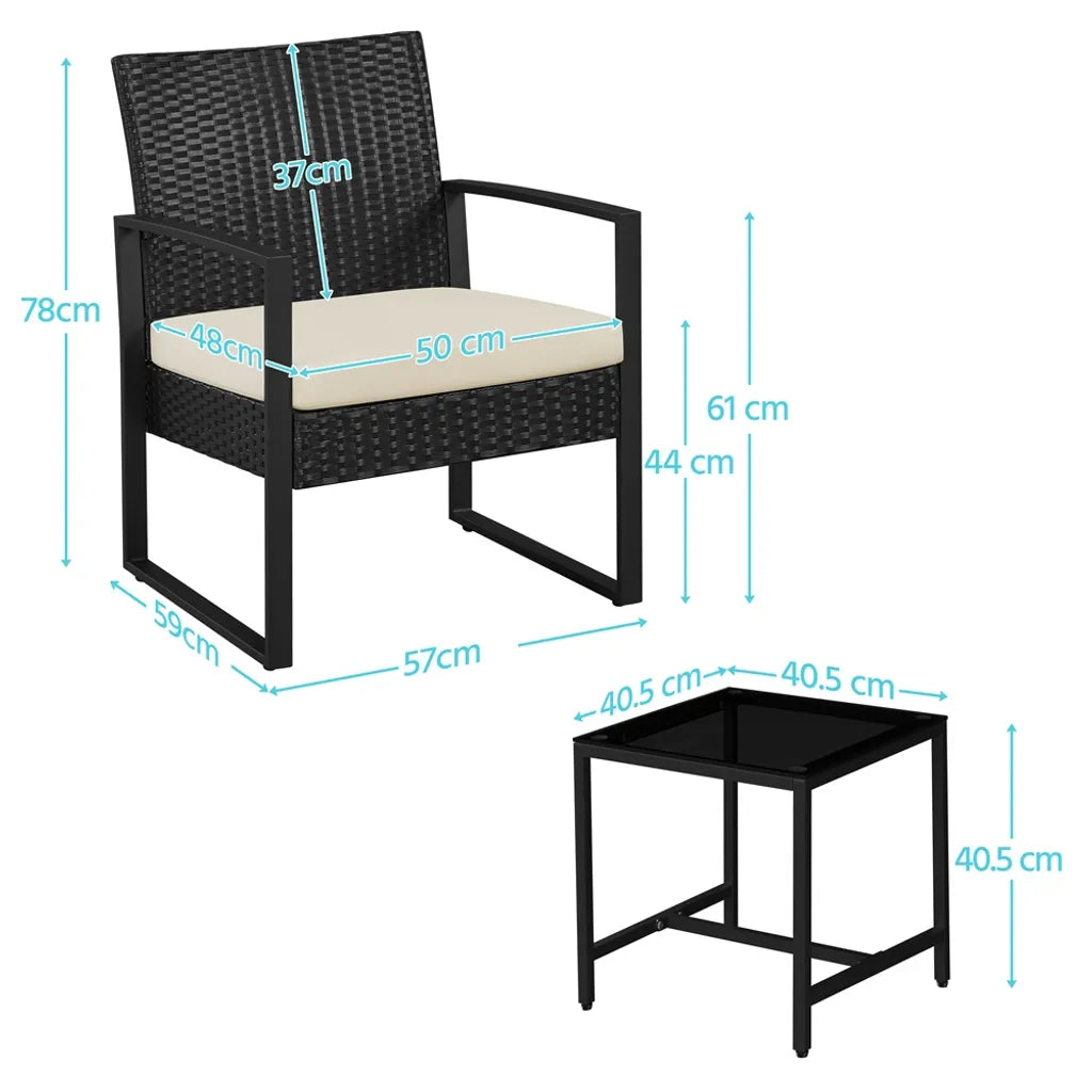 Yaheetech Gartenmöbel-Set, 3-teilig – Schwarz/Beige – Balkon-Set aus Polyrattan mit Beistelltisch und Glasplatte