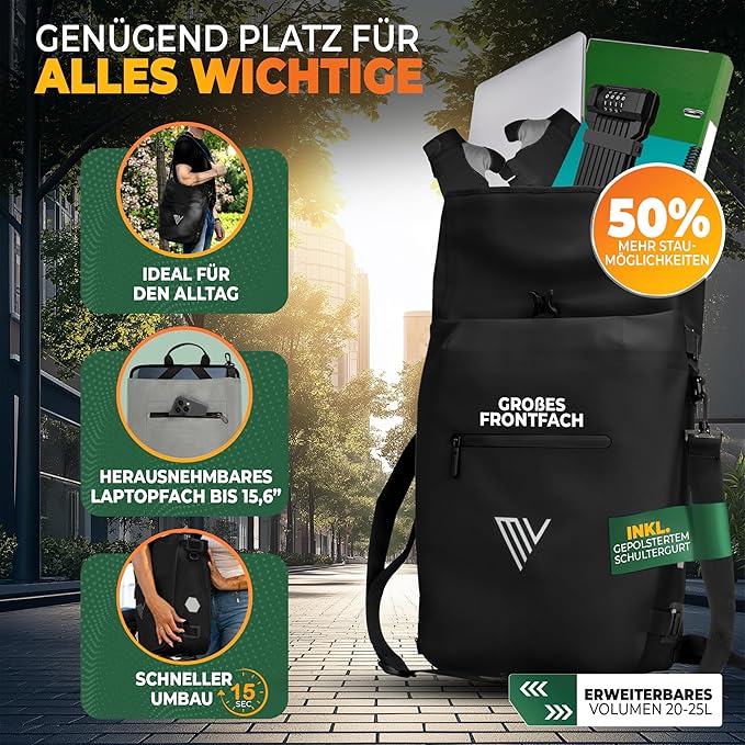 MIVELO Pannier - 3-in-1-Rucksack & Umhängetasche - Wasserdicht - 20 Liter - Schwarz