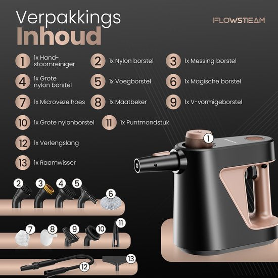 FLOWSTEAM® Compact 12-in-1 Handdampfreiniger – 4 bar & 110 °C Dampf – Dampfreiniger – Fleckenentferner – Handdampfreiniger – Für Badezimmer, Küche, Sofa und Möbel