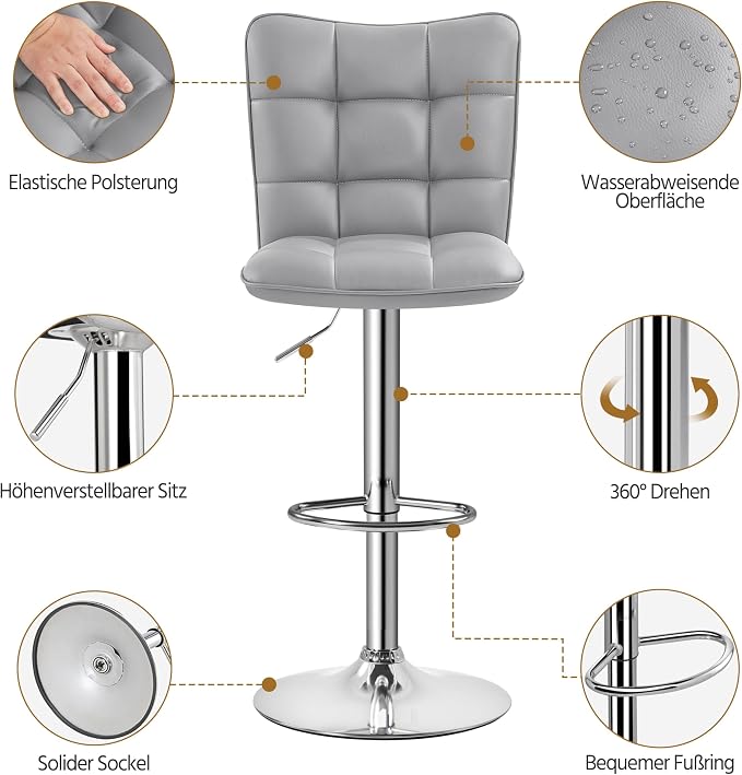 Yaheetech Barhocker – 2er-Set – Höhenverstellbar und um 360° drehbar – Hellgrau