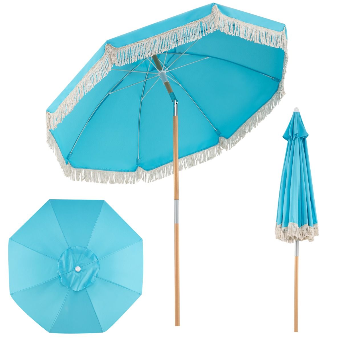 Coast Gartenschirm mit Fransen – Strandschirm aus Holz – verstellbarer Neigungswinkel – blau