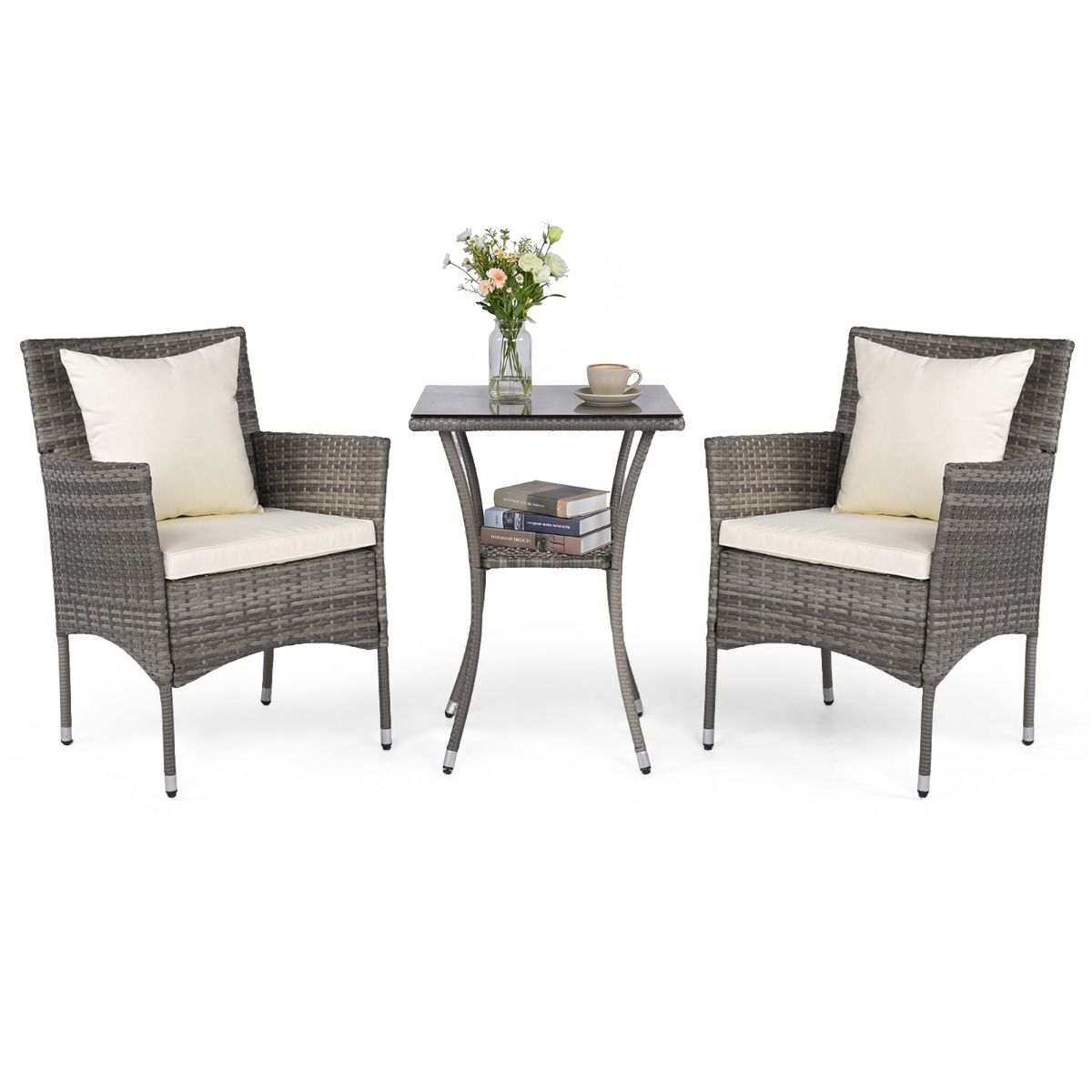 Coast 3-teiliges Gartenset – 2 Rattan-Gartenstühle mit Kissen – Beistelltisch mit gehärtetem Glas – Grautöne