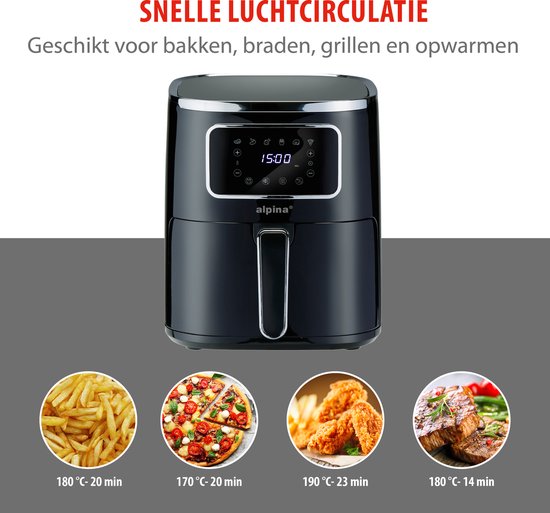 alpina Airfryer 4.5L- Heißluftfritteuse für 3 bis 4 Personen - Heißluftfritteuse mit Digitalanzeige - Einstellbare Temperatur von 80°C bis 200°C - Timer bis zu 60 Minuten - Heißluftfritteuse 1450W