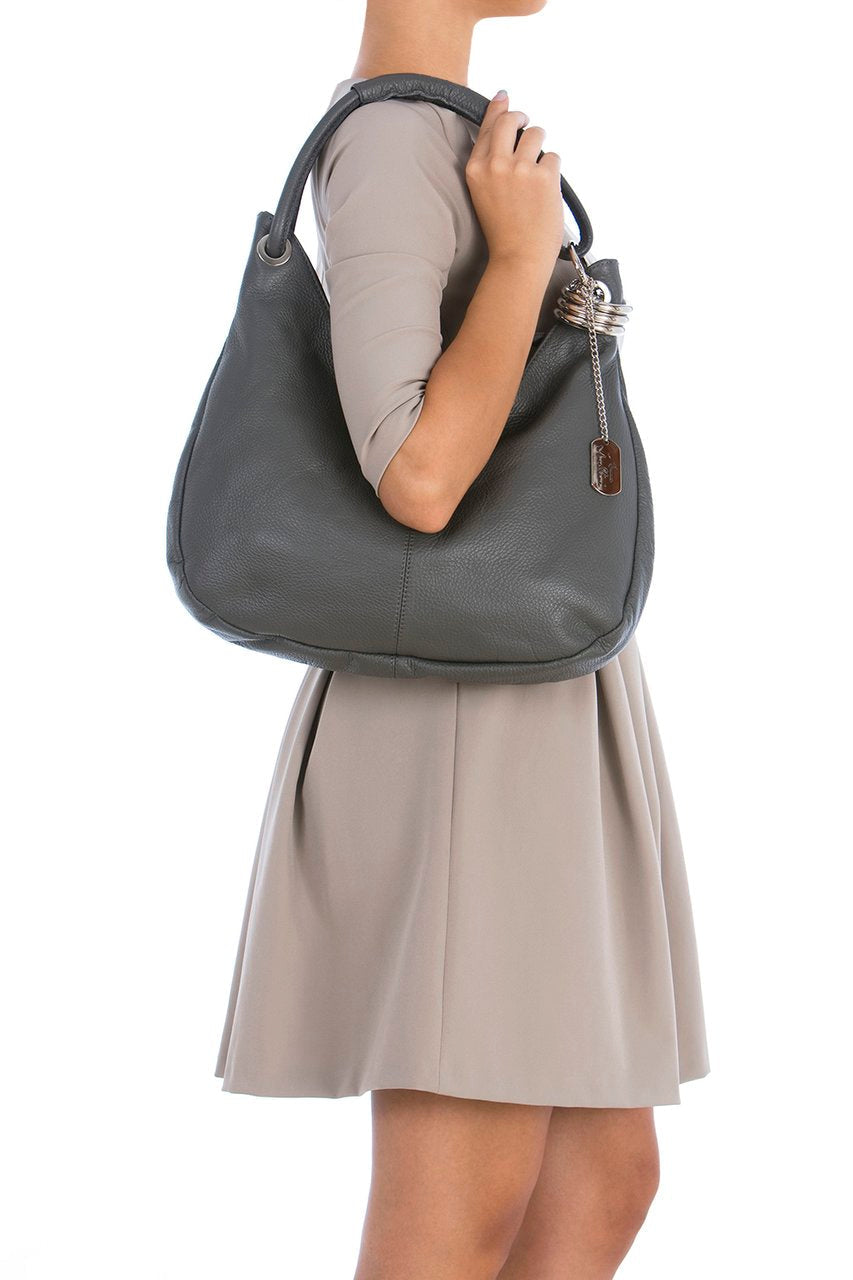 Anna Morellini Alba Hobo-Tasche – Echtes Rindsleder – Ash – 38 x 34 x 10 cm