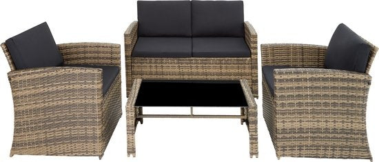 tectake - Geflecht-Sitzgruppe Garten-Set Lounge-Set Lucca - Sofa/2 Stühle/Tisch mit Glasplatte - naturfarben - 404916 - Poly-Rattan