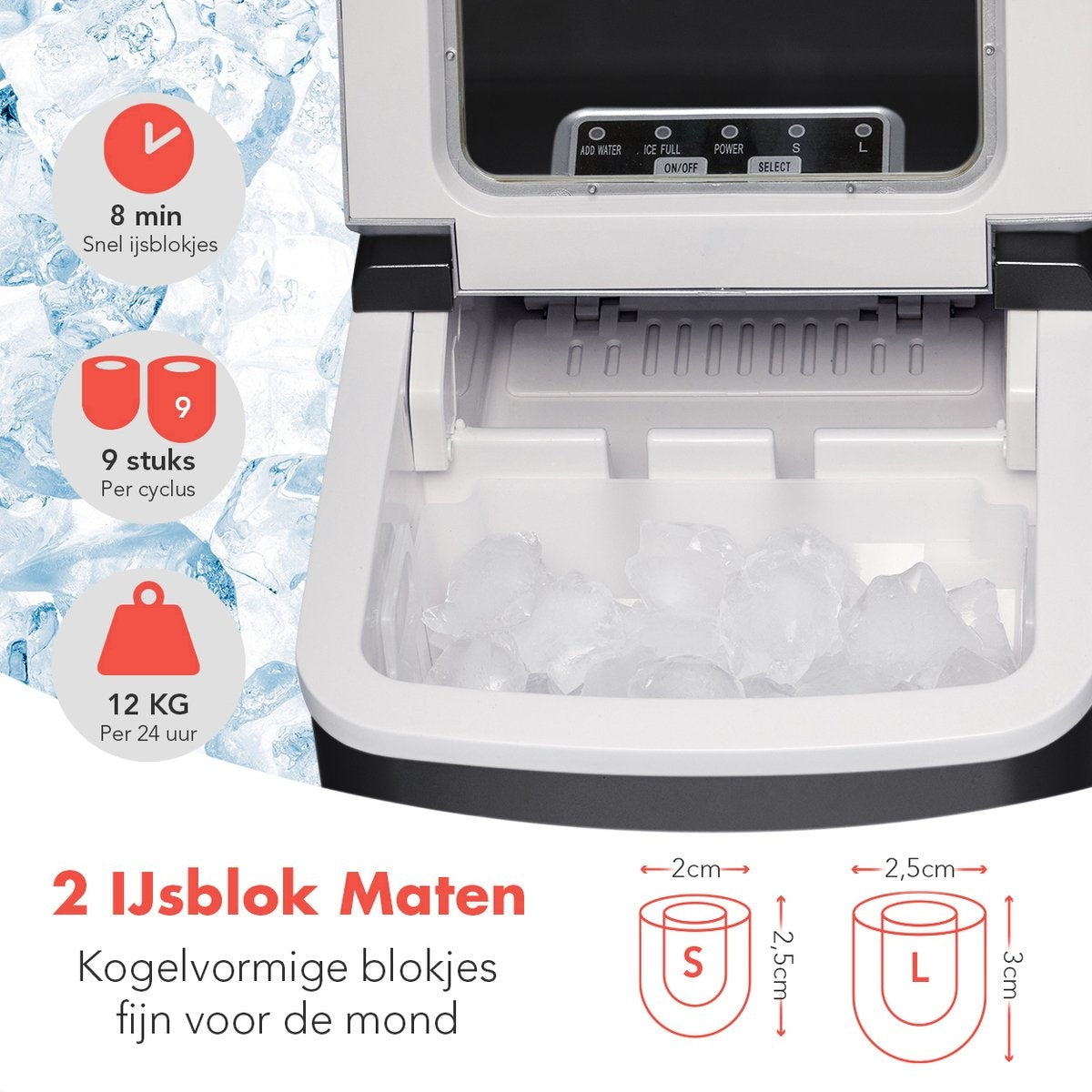 KitchenBrothers Eiswürfelbereiter - 2 Liter - mit Eisportionierer - Schwarz
