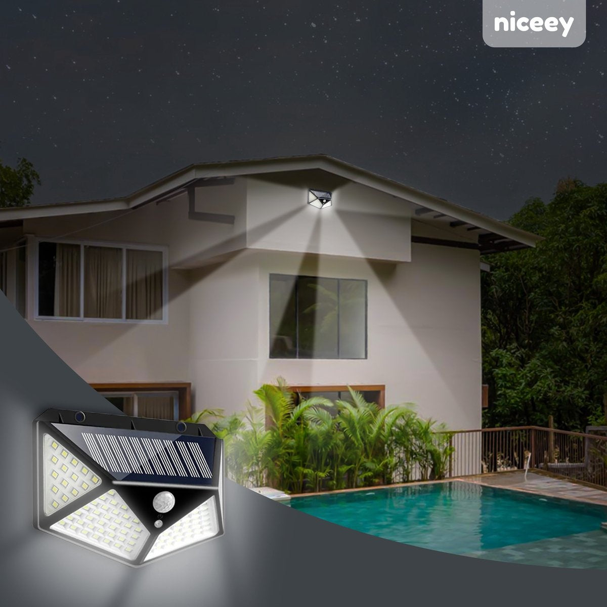 Niceey Solar-Außenlampe - 2er-Set - 100 LEDs - Schwarz