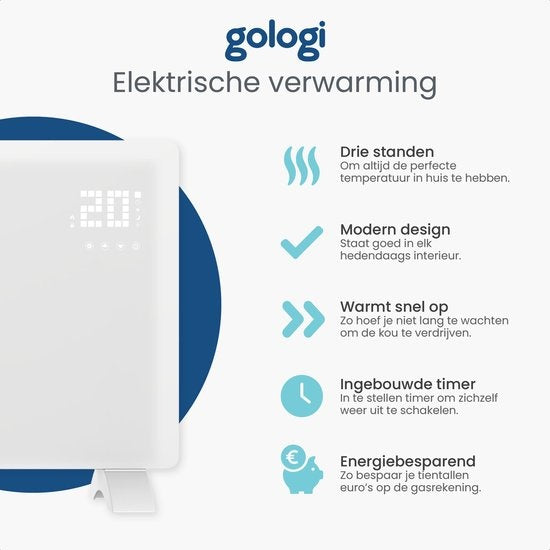 Gologi Electric Heater - Elektrische Heizung - Konvektorheizung mit Thermostat - Funktioniert über App und Touch-Steuerung - Bis zu 25m2 - 2000W Heizung - Weiß